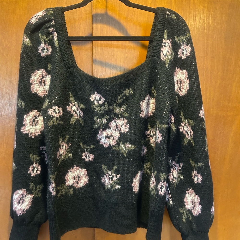 Anthropologie Black and Pink Floral Sweater